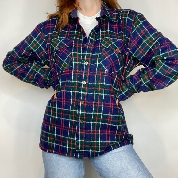 Vintage Woodland Large Navy Heavy Plaid Flannel Shirt Jacket Button Down Shirt - Picture 5 of 14